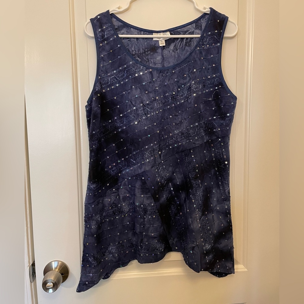 Dress Barn XL Blue Sequin Asymmetrical Hem Tank Top